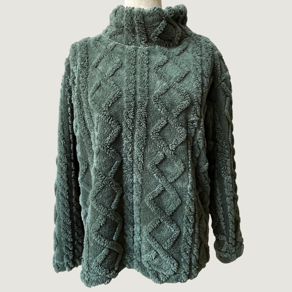 Eddie Bauer Cable Fleece Pullover Green Cowl Neck Cozy Sweater Womens Medium